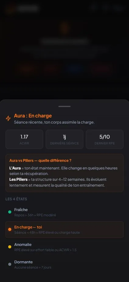 Sheet Aura En charge avec ACWR à 1.17 et explication des 4 états Fraîche En charge Anomalie Dormante