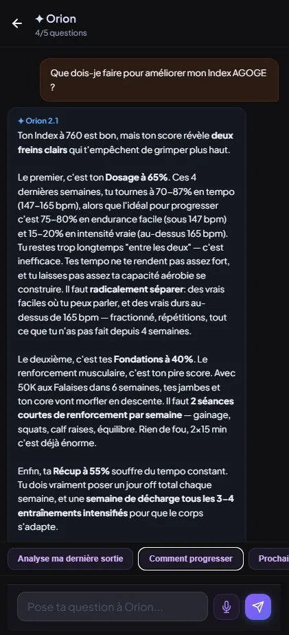 Réponse détaillée d'Orion expliquant pourquoi le pilier Dosage est à 65% et le pilier Fondations à 40%