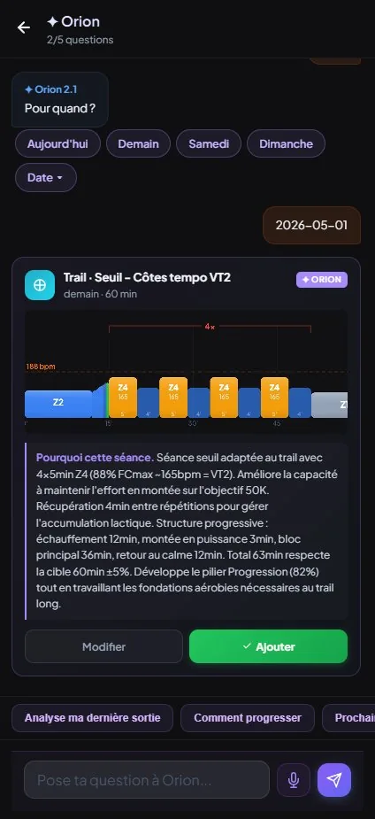 Orion propose une séance Trail seuil avec côtes tempo VT2 et graphique des intensités