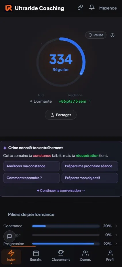 App athlète personnalisée Ultraride Coaching — exemple de white-label avec logo et nom du coach