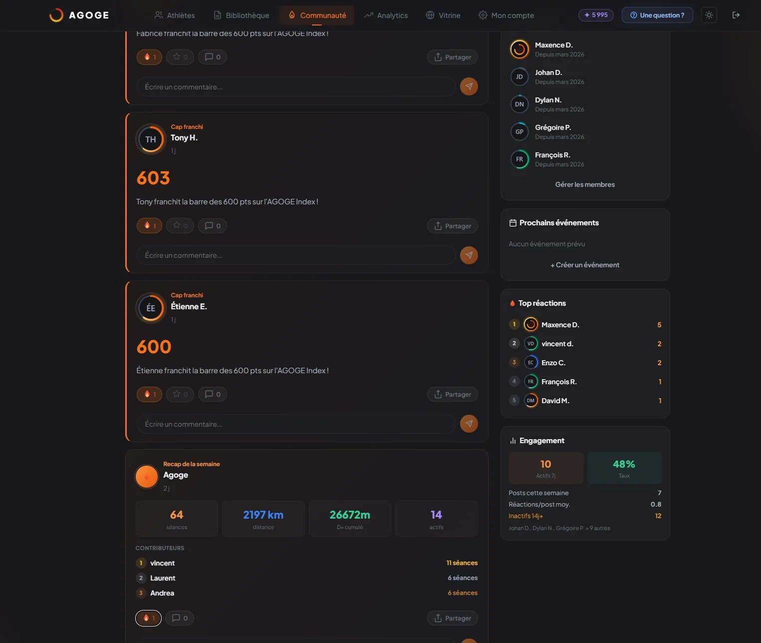 Communauté AGOGE en action : posts auto Cap franchi, recap hebdo et card engagement coach